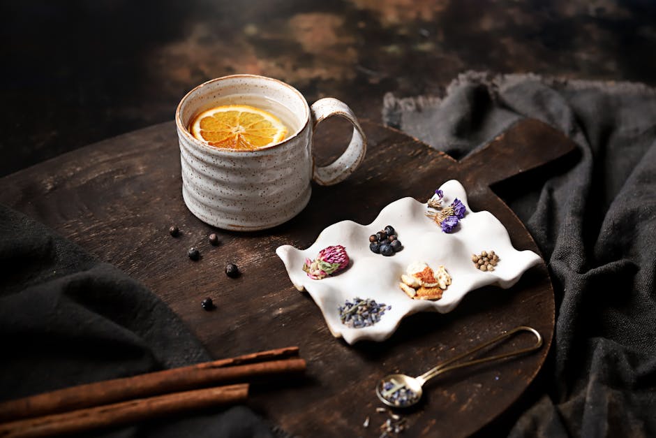 Warm herbal tea and natural wellness elements creating a soothing atmosphere