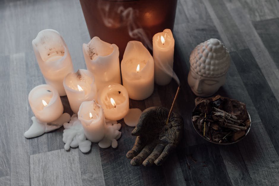Peaceful meditation space with candles and calming ambiance
